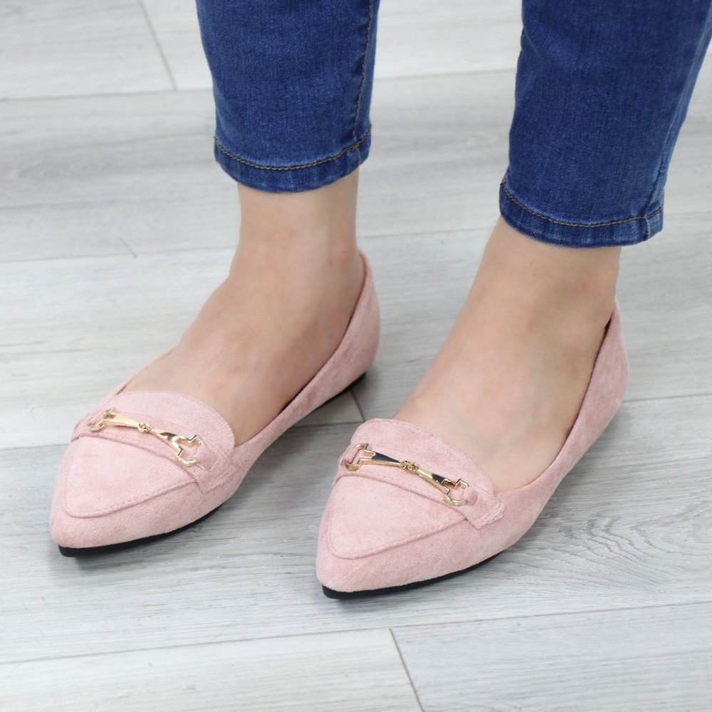 Pink Faux Suede Pointed Toe No Heel Flat Loafers Shoe Gold Accent Decor Slip On - Picture 2 of 14